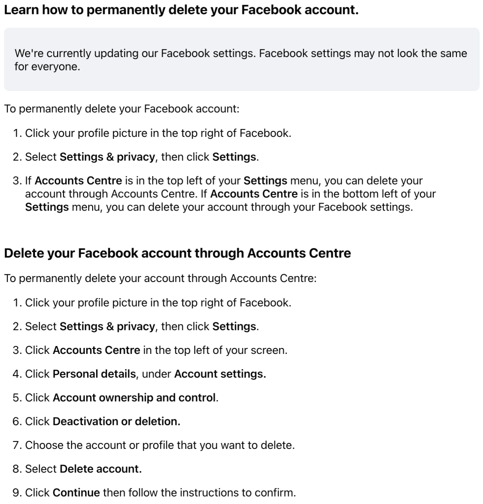 Delete your Facebook account through your Facebook settings
